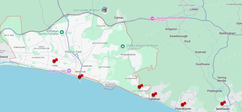 A map showing our Brighton and Hove Service Area. It pins locations we supply bespoke blinds and curtains for. Areas include Saltdean, Rottingdean, Peacehaven and Newhaven.